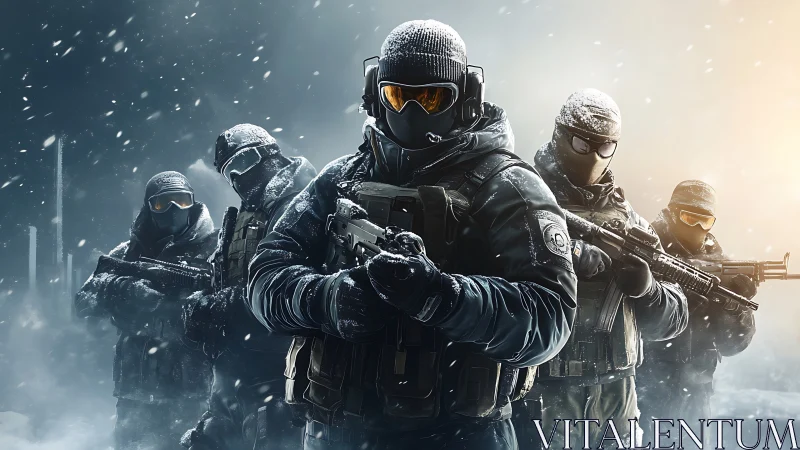 Tactical winter squad in snowstorm with modern firearms.