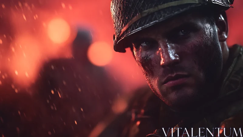 Cinematic wartime portrait in shallow-depth photorealism.