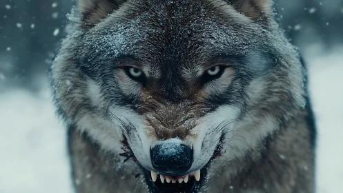 Snarling winter wolf stares forward through swirling snow