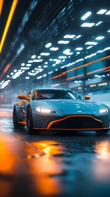 Neon-lit supercar prowls through a rain-glossed cyber tunnel