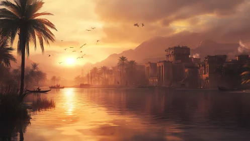 Ancient riverside city glows beneath a dramatic sunset sky.