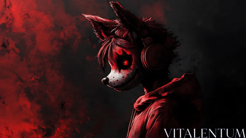 Anthro fox with headphones stares through red shadow haze