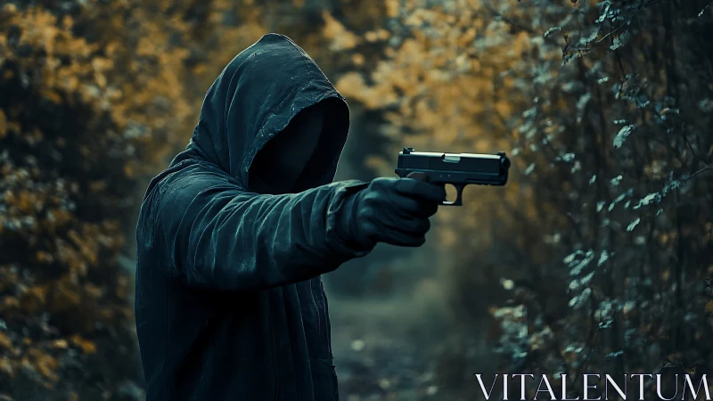 Hooded phantom with gun framed by autumn&rsquo;s haunted passage.