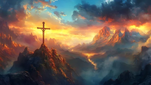 Radiant mountain cross overlooks a fiery, sacred sunrise