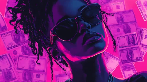 Neon-lit woman in sunglasses dominates vivid money field
