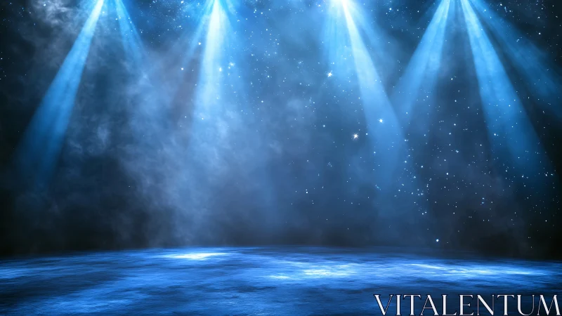 Blue stage under spotlights and starry dark background.