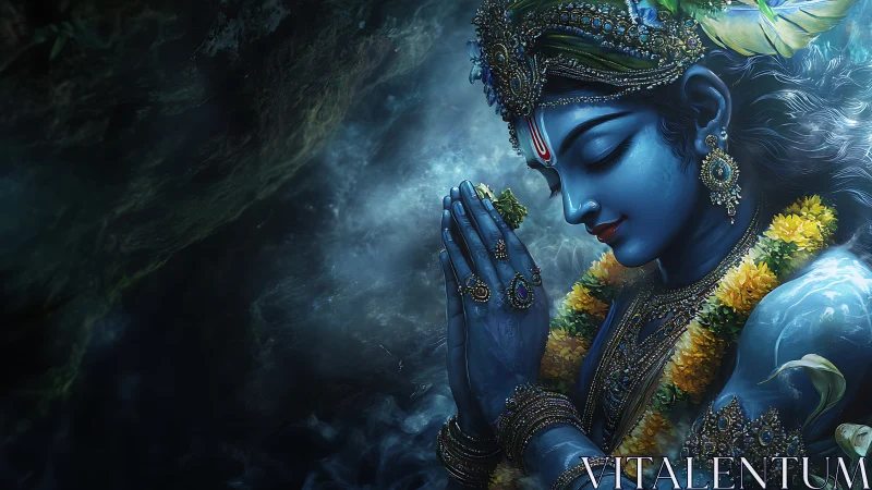 Blue skinned deity rendered in detailed praying side profile
