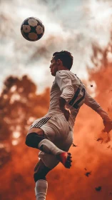 Skyward striker launches a volley through autumn firelight