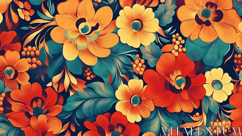 Midnight carnival blooms in blazing teal and ember petals.