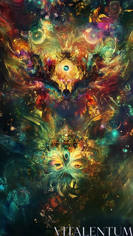 Cosmic owl deity emerging from radiant astral vortex.