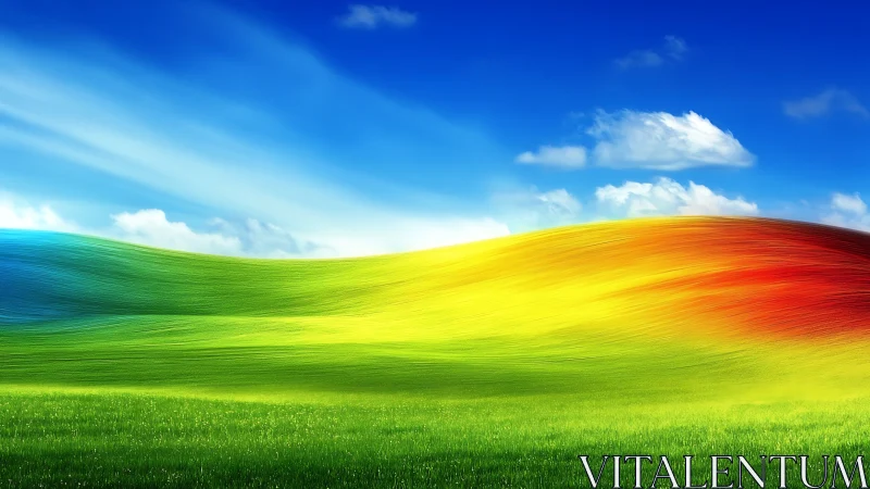 Radiant rainbow hillside under vivid blue digital sky.