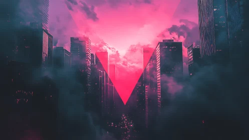 Neon pink triangle over foggy futuristic cityscape.