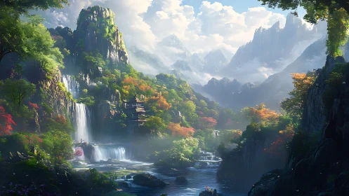 Atmospheric fantasy valley renders cascades and tiered pagoda
