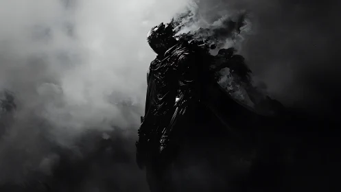 Shadowed armored figure dissolves into swirling black smoke.