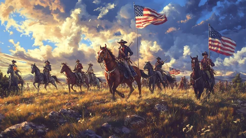 Cavalry column with US flags under dynamic storm-lit sky.