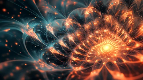 Fractal floral vortex in luminous teal and ember symmetry.