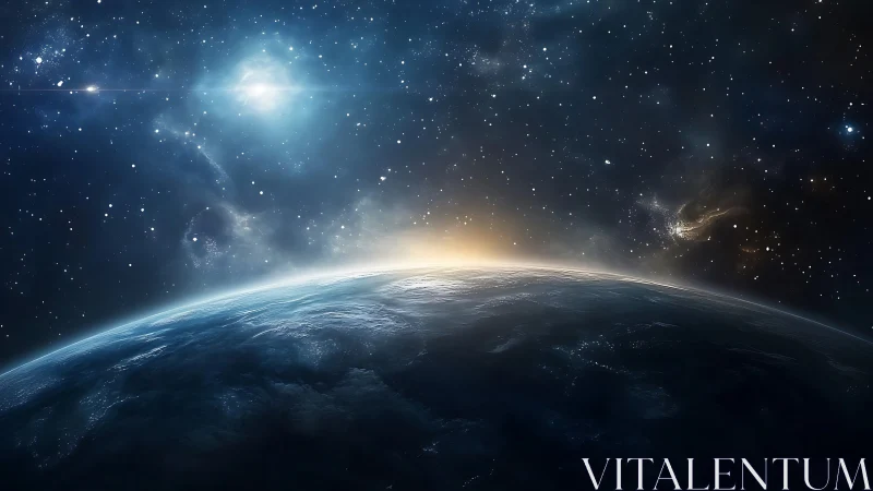 Planetary horizon with sunrise and dense starfield illumination