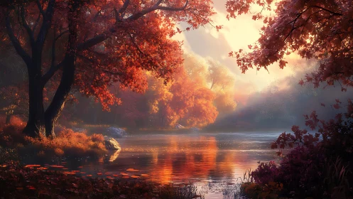 Autumn trees and reflective lake under diffuse evening light.