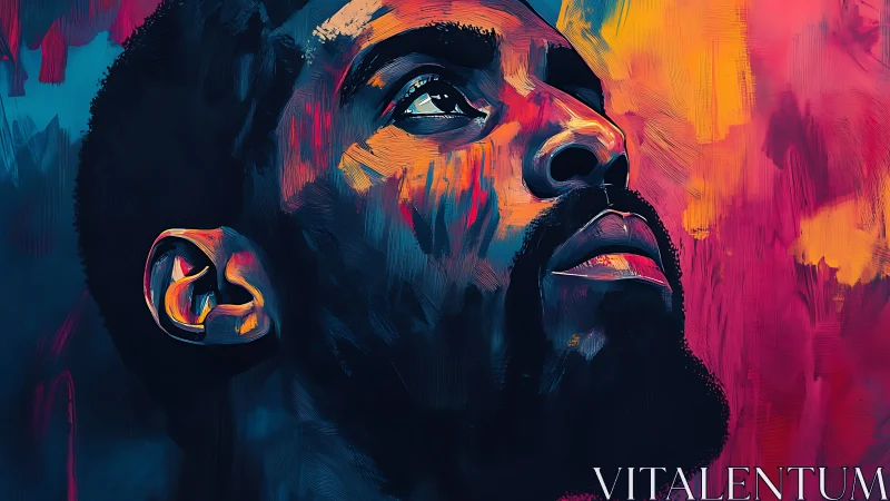 Portrait of man gazing upward uses bold neon brush strokes