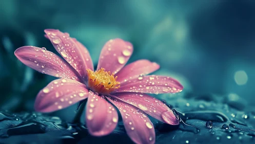Pink Flower Glistening with Morning Dew Drops.