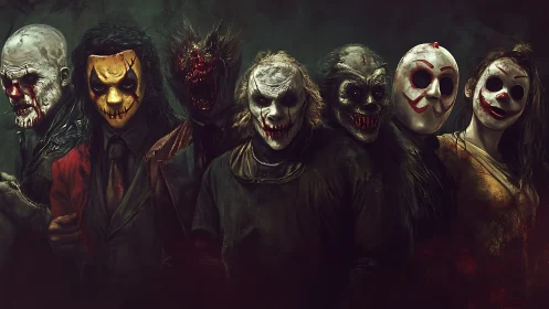 Horror ensemble of masked monstrosities in cinematic chiaroscuro.