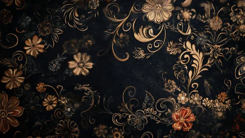 Gilded floral scrollwork over deep black ornamental field.