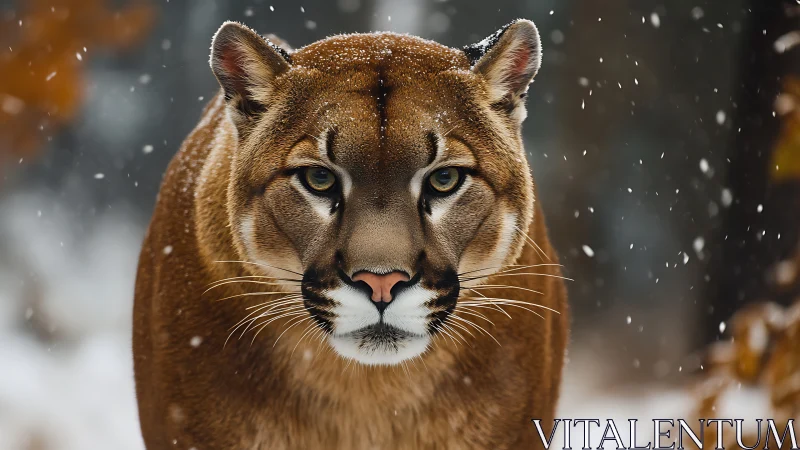 Mountain lion portrait captures direct frontal gaze amid snowfall