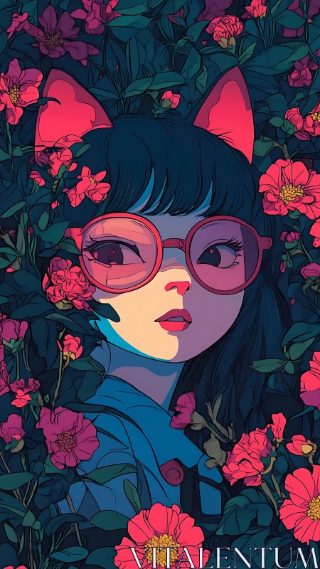 Curious cat-eared girl nestles softly among glowing flowers