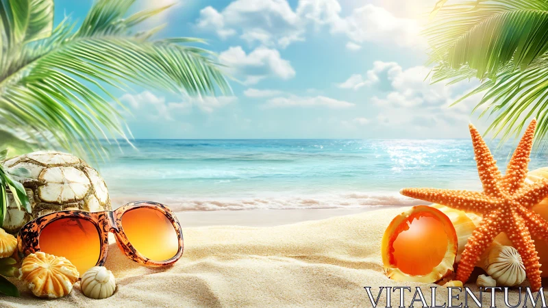 Sunlit beach day invites with seashells, starfish and shades