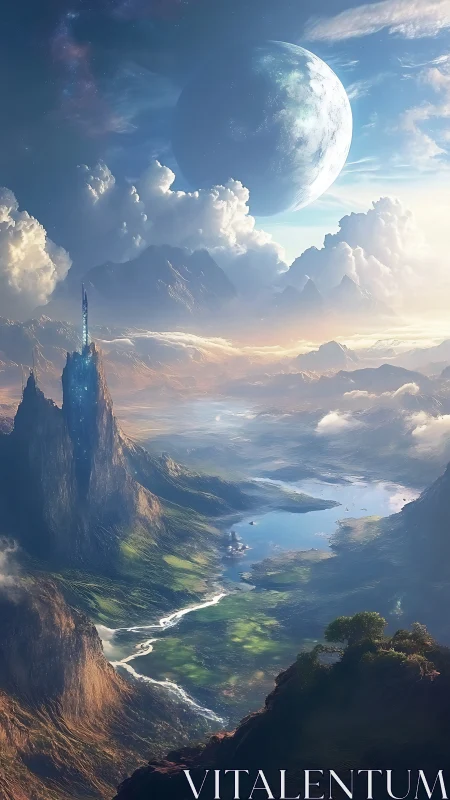 Celestial river valley beneath towering alien spire worlds.