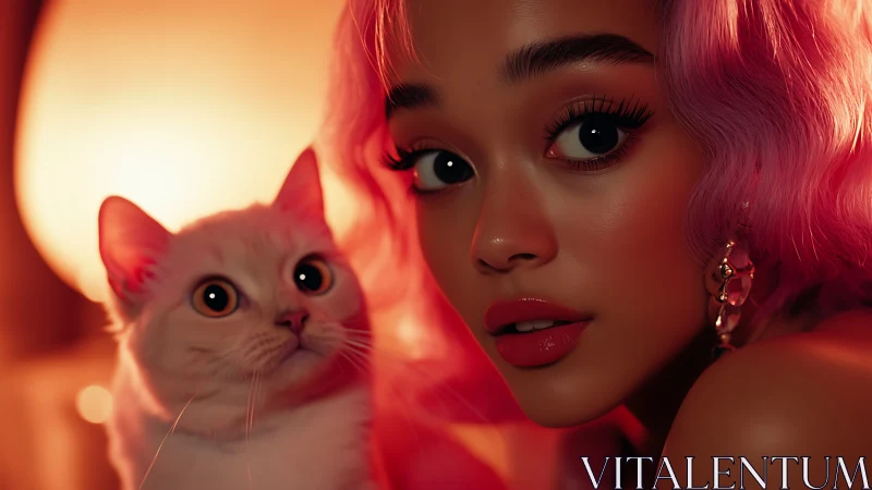 Woman with Pink Hair and White Cat in Warm Neon Light.