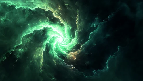 Turbulent emerald plasma vortex with luminous accretion core.