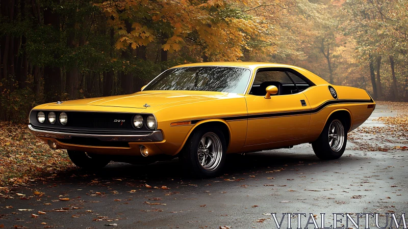 Vintage yellow muscle car glows against misty autumn woods
