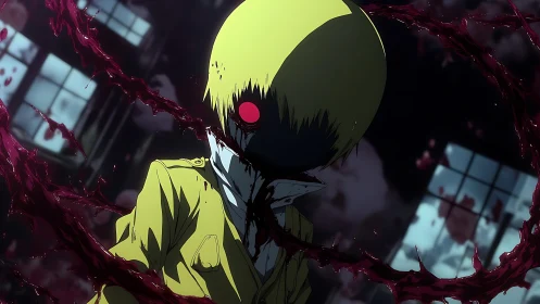 Hemorrhagic void-headed entity in blood-vortex corridor.