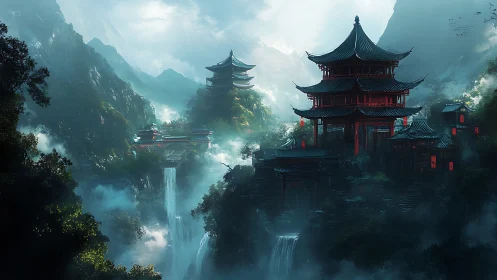 Mystical mountain temples glow gently above misty waterfalls