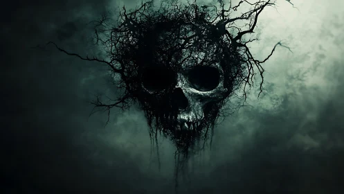 Skull formed from branching roots in dense misted darkness.