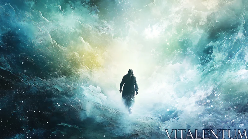 Solitary robed figure traversing luminous cosmic maelstrom.