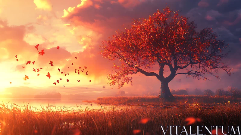 Solitary autumn tree glows beside a tranquil lakeside sunset.