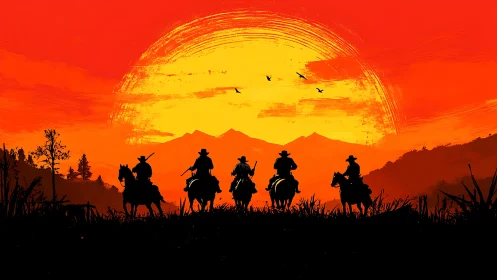 Silhouetted riders move across prairie against red sunset
