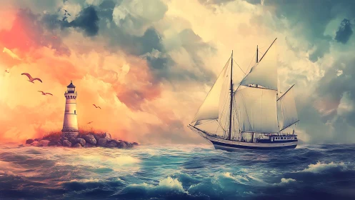 Tall sailing ship passes lighthouse under dramatic sky