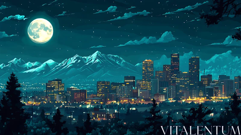 Digital night cityscape with alpine skyline and full moon glow.