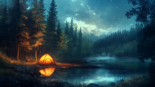 Lone orange tent glows beside misty forest lake at dusk
