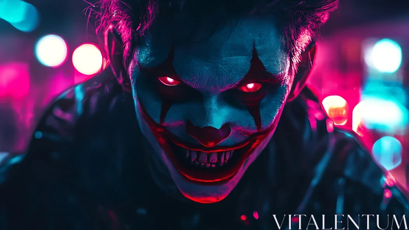 Neon-lit demonic clown portrait with menacing cyber gaze.