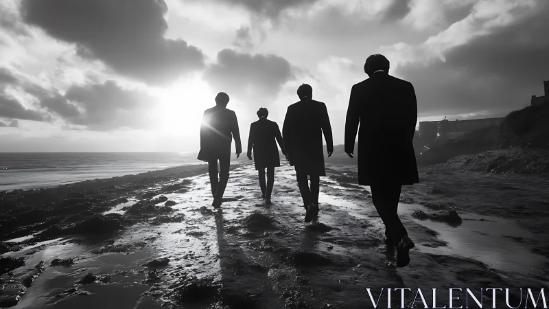 Backlit silhouettes of suited men stride across reflective shore