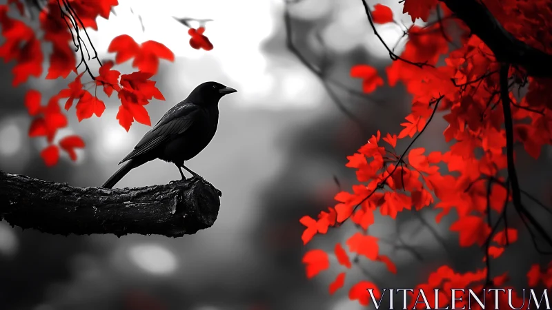 Silhouette crow perches on branch framed by vivid red leaves