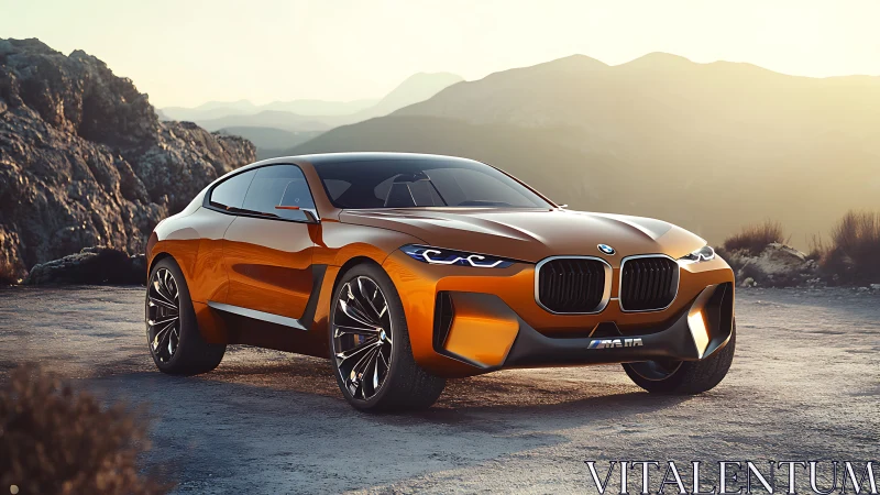 Sunlit bronze concept coupe prowls a rugged mountain overlook.