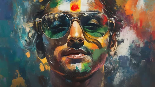 Vibrant male portrait with reflective aviators and textured paint layers