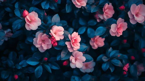Pink Camellias Against Deep Teal Foliage in Nocturnal Bloom
