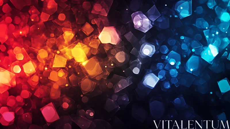 Vibrant geometric bokeh lights in red, yellow, and blue abstract style.