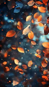 Autumn leaves drifting through a dreamy twilight glow.